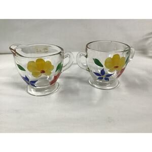 Cream & Sugar Set, Bartlett Collins. Clear Glass Orchard Pear Pattern Vintage.